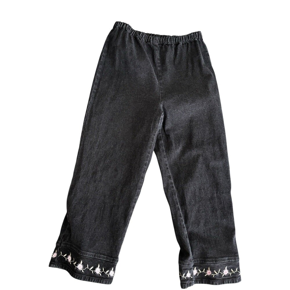 Denim & Co Black Jean Capri Crop Pants Pink Cottagecore Floral Embroidered Hem L